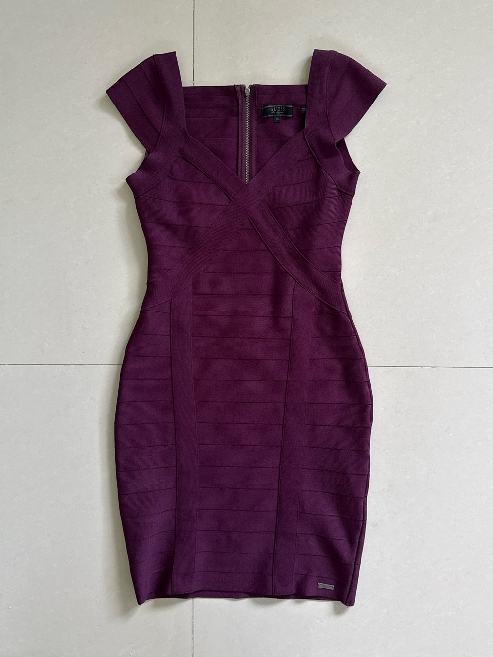Guess Plum Structured Bandage Mini Dress Open Back